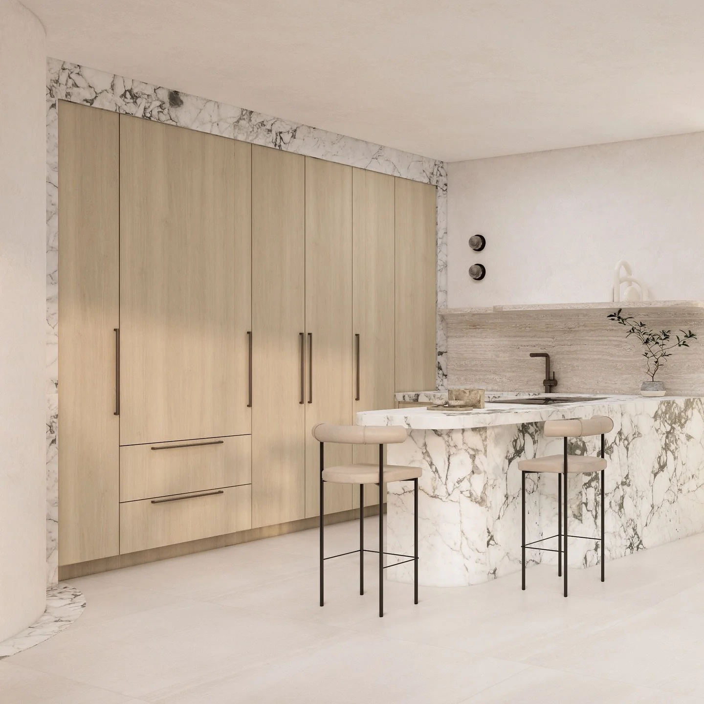 Introducing Promenade Residence — a Cronulla penthouse with 180-degree uninterrupted ocean views. 
Soft travertine, natural marble, and warm timber cabinetry set the tone for elegance and calm, while custom joinery and sculptural lighting add d