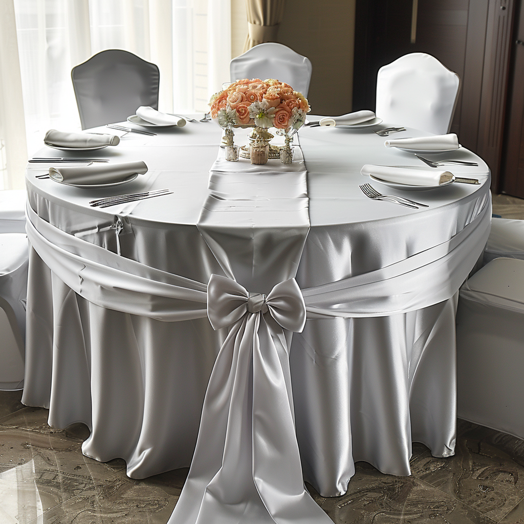 Elegant round table with white satin tablecloth, adorned with a bow, set with white napkins, silverware, and a centerpiece of peach and white flowers in a vase.