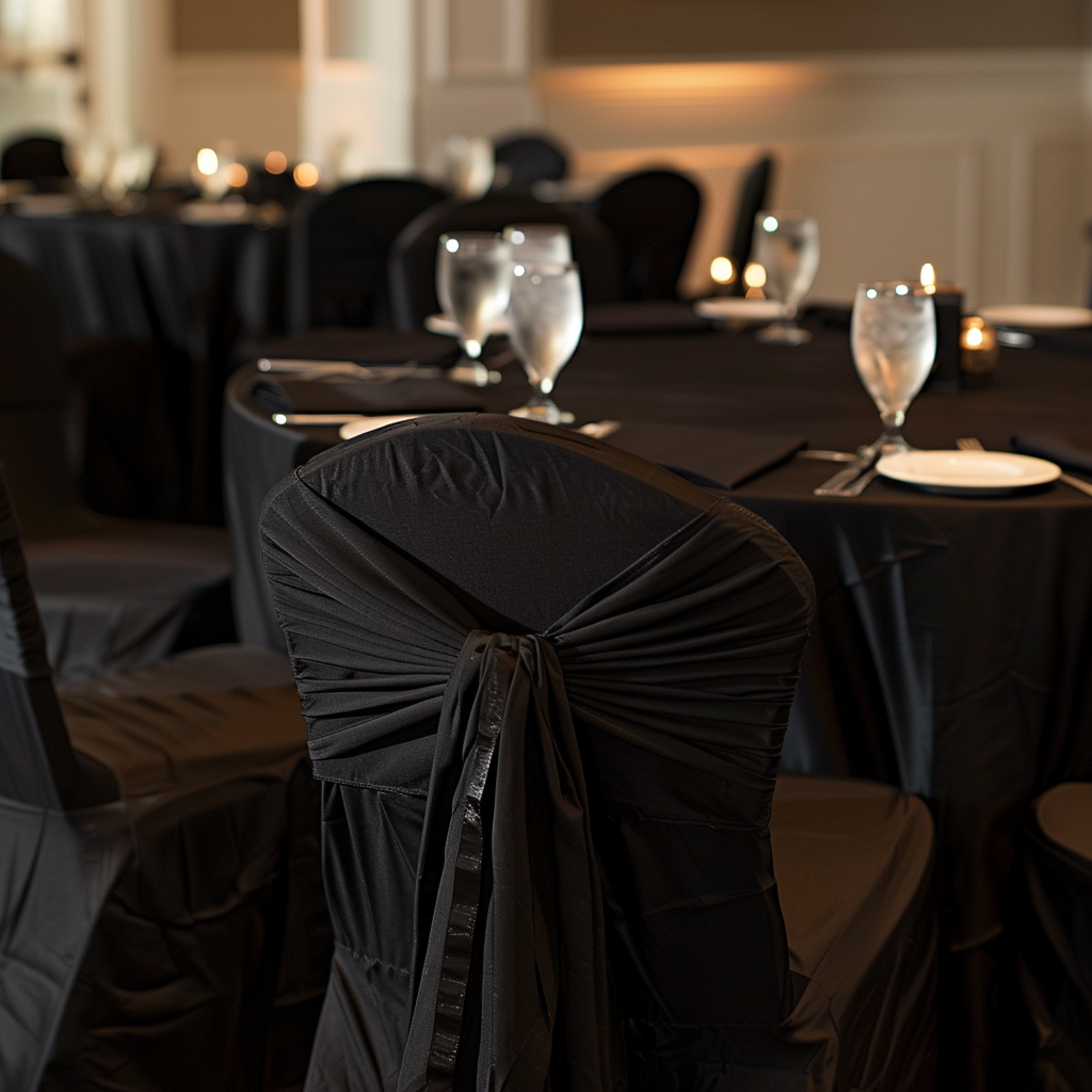 Elegant banquet setup with black chair covers, round tables with black tablecloths, and place settings including wine glasses and candles.