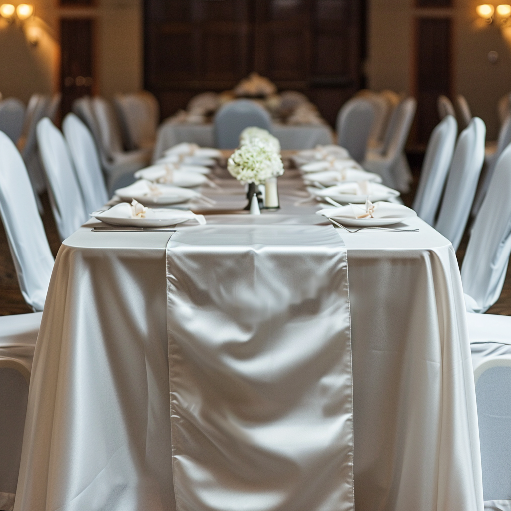 Elegant banquet table with white tablecloths, place settings, and flowers in a decorated venue.