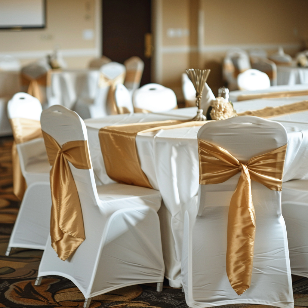 Elegant banquet hall with white chairs adorned with gold sashes and table settings.