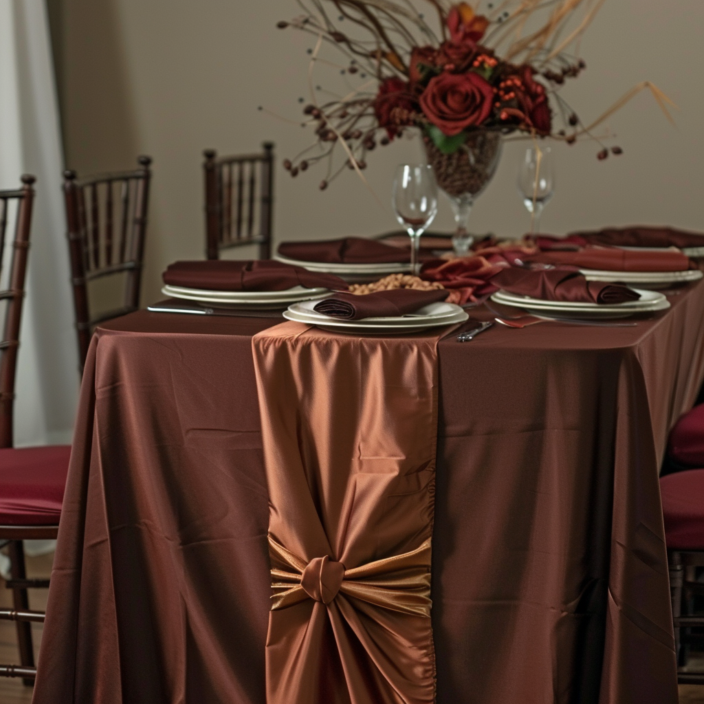 Elegant dinner table setting with brown and gold tablecloth and centerpiece