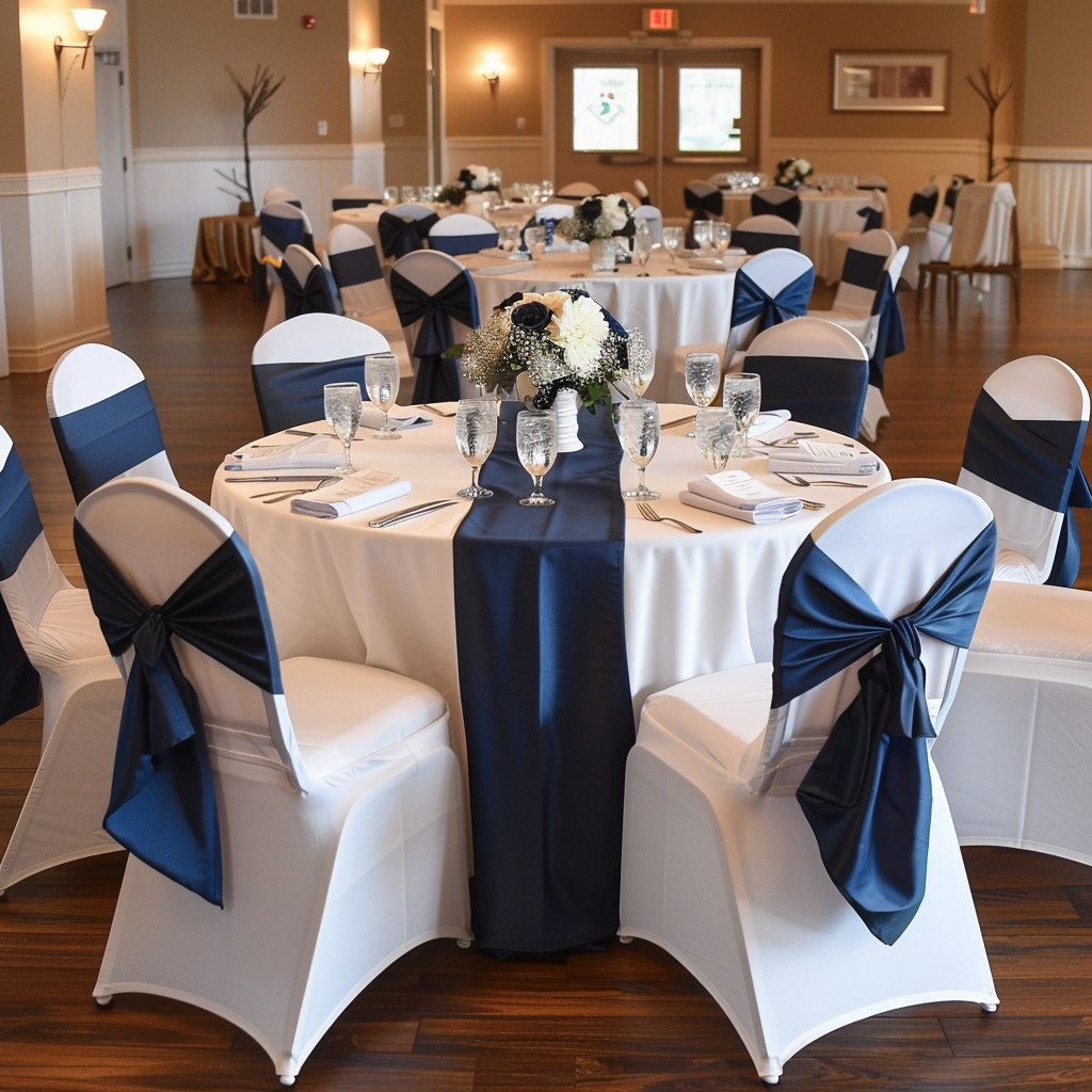 Elegant wedding reception setup with round tables covered in white tablecloths and blue satin accents. Each table is adorned with floral centerpieces and surrounded by chairs with blue bows. Glassware and cutlery are neatly arranged.