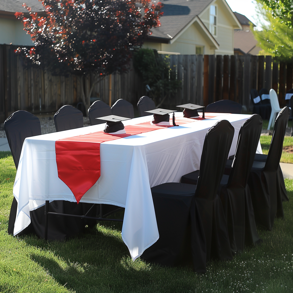 Outdoor table with white tablecloth and red runner, black chairs, graduation caps on table, backyard setting.