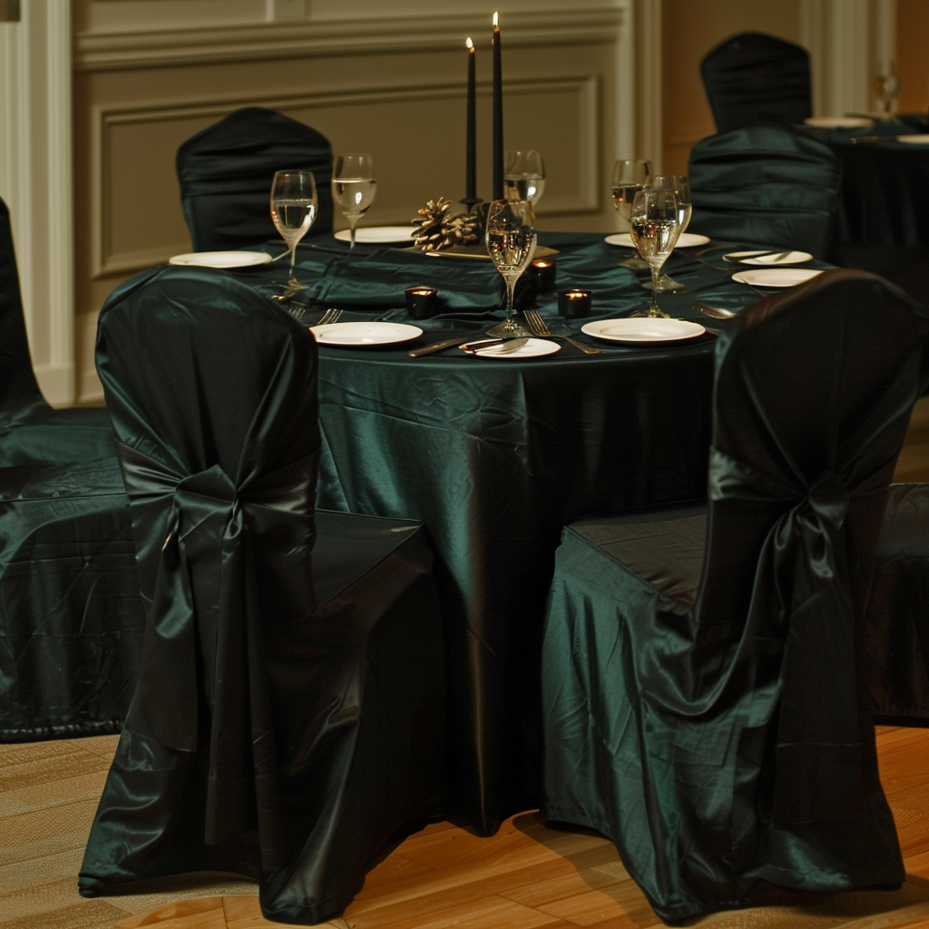Elegant table setting with dark green tablecloth and matching chair covers. Four glasses, plates, and cutlery arranged around a centerpiece with two black candles.