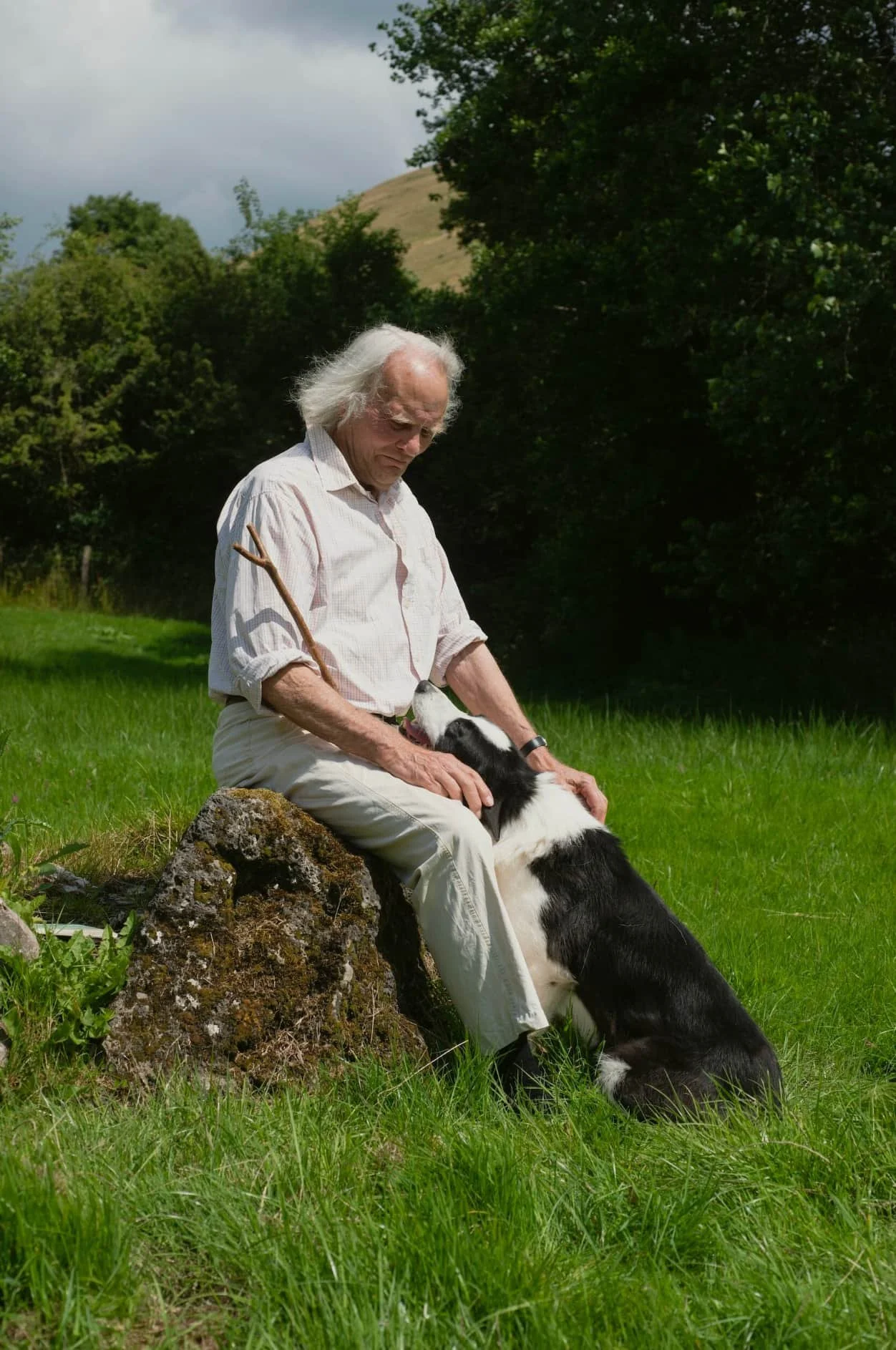 An old man gently pets a pet dog, reflecting mutual respect and the importance of trusting others' life choices.