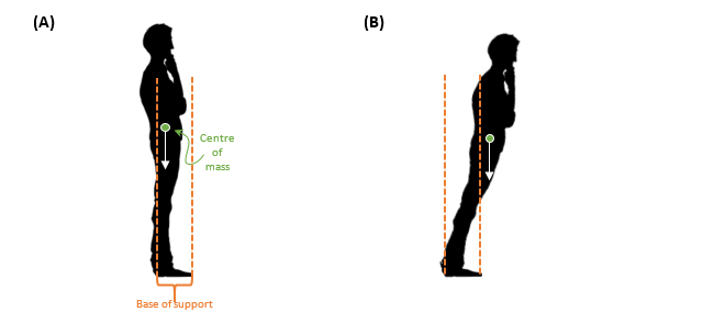 A diagram showing how balance and losing your balance works. You're in balance when your centre of mass if over your base of support. you fall when your centre of mass falls outside of your base of support