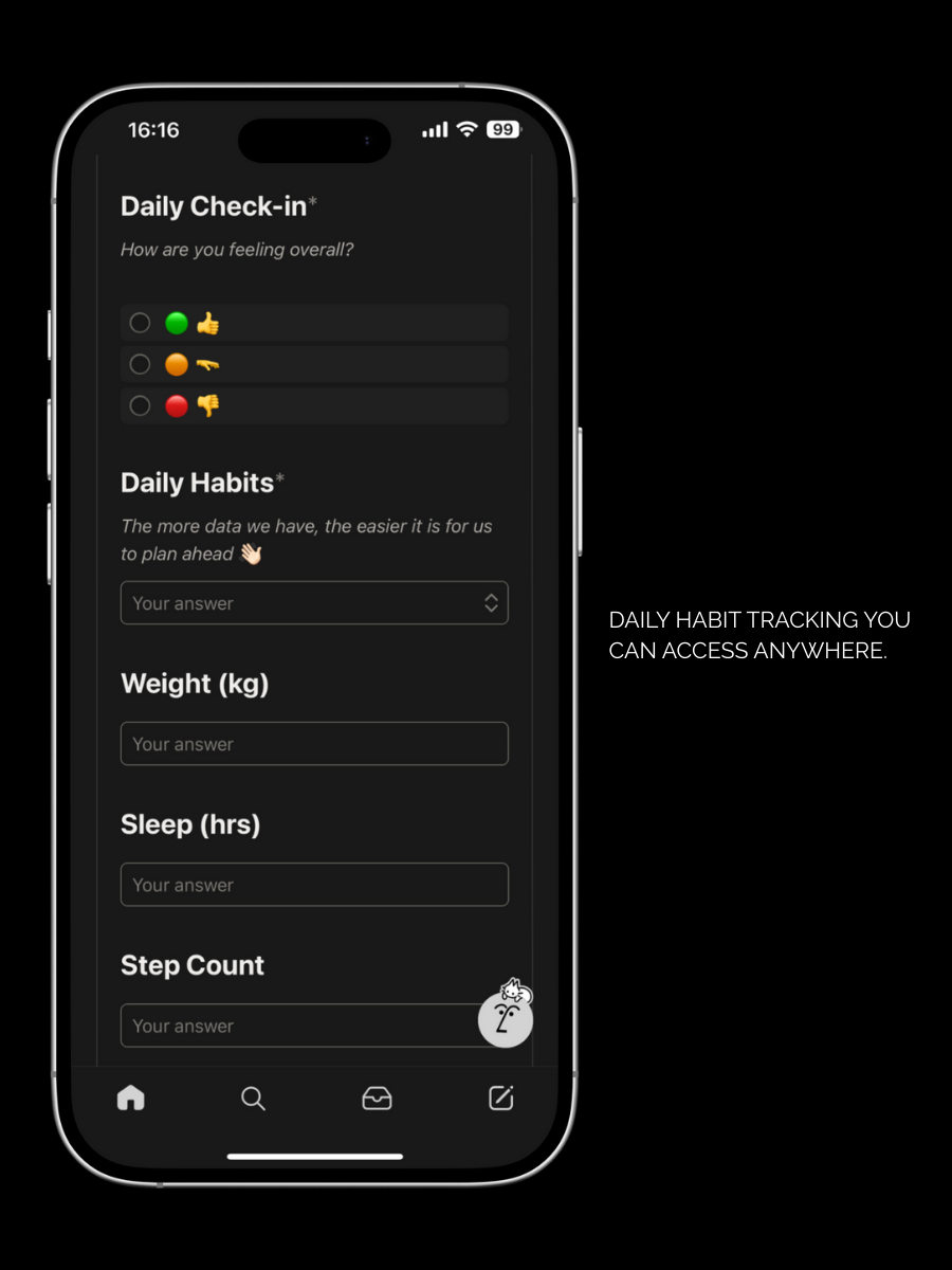 A smartphone screen displaying a daily habit tracking app with sections for daily check-in, habits, weight, sleep, and step count. The app interface has a dark background with white text and colorful icons. The phone is shown against a black background.