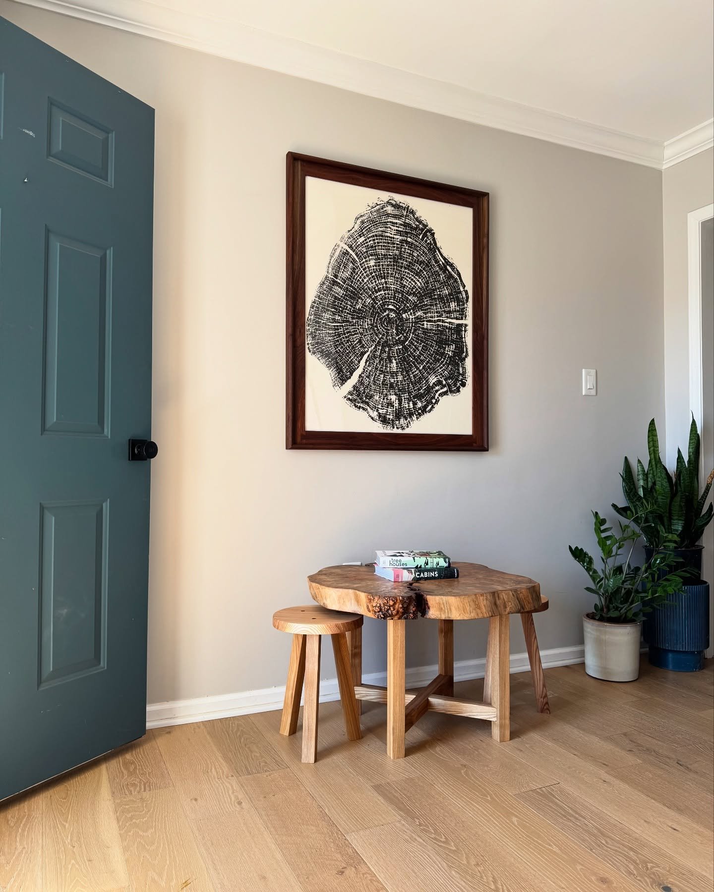One of a Kind Table with nesting stools perfect for games! Crafted from a salvaged local Elm cookie with inlaid walnut for the top and solid white oak for the legs &amp; stools. We loved bringing new life to this unique piece of wood. 

Available now