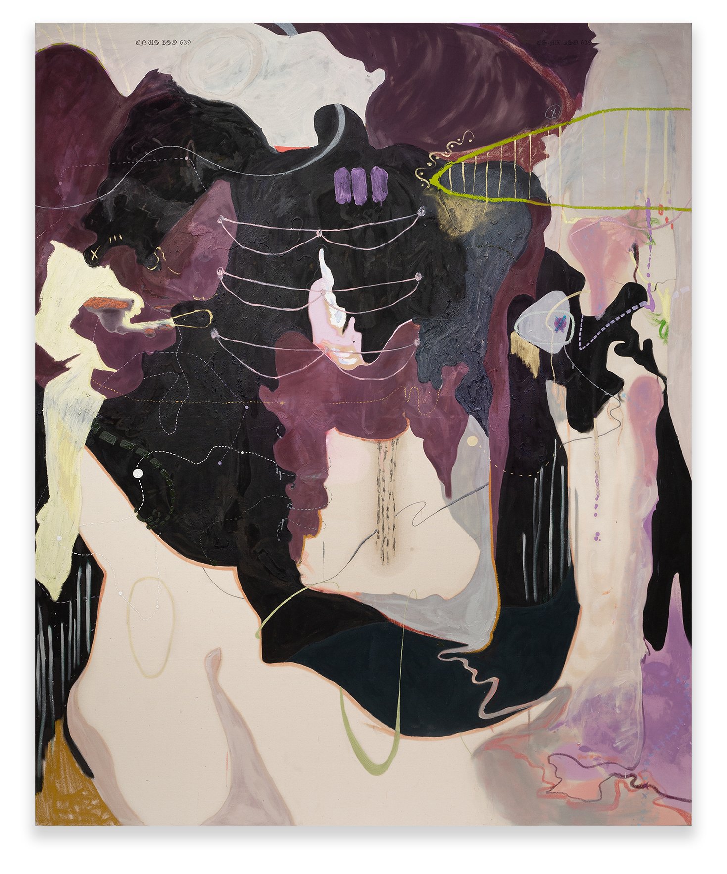 Hermana Two, oil, acrylic, ink, pearl pigments, and oil-stick on canvas, 96 x 78 in, 2023