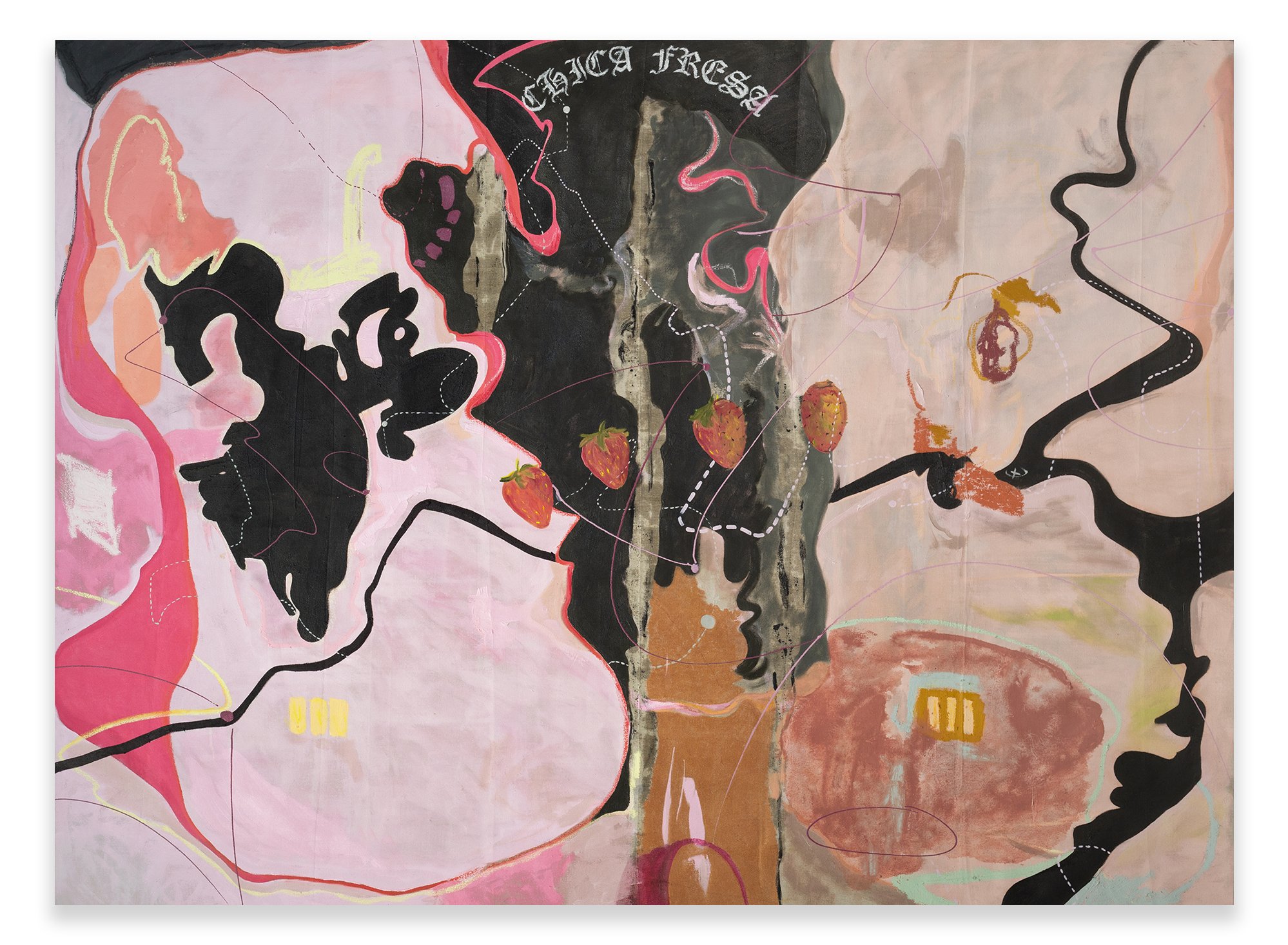 Chica Fresa, oil, acrylic, ink, pearl pigments, and oil-stick on dropcloth, 72 x 96 in, 2023