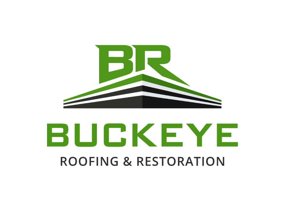 Logo for Buckeye Roofing & Restoration featuring a stylized roof with the letters BR in green above the company name.