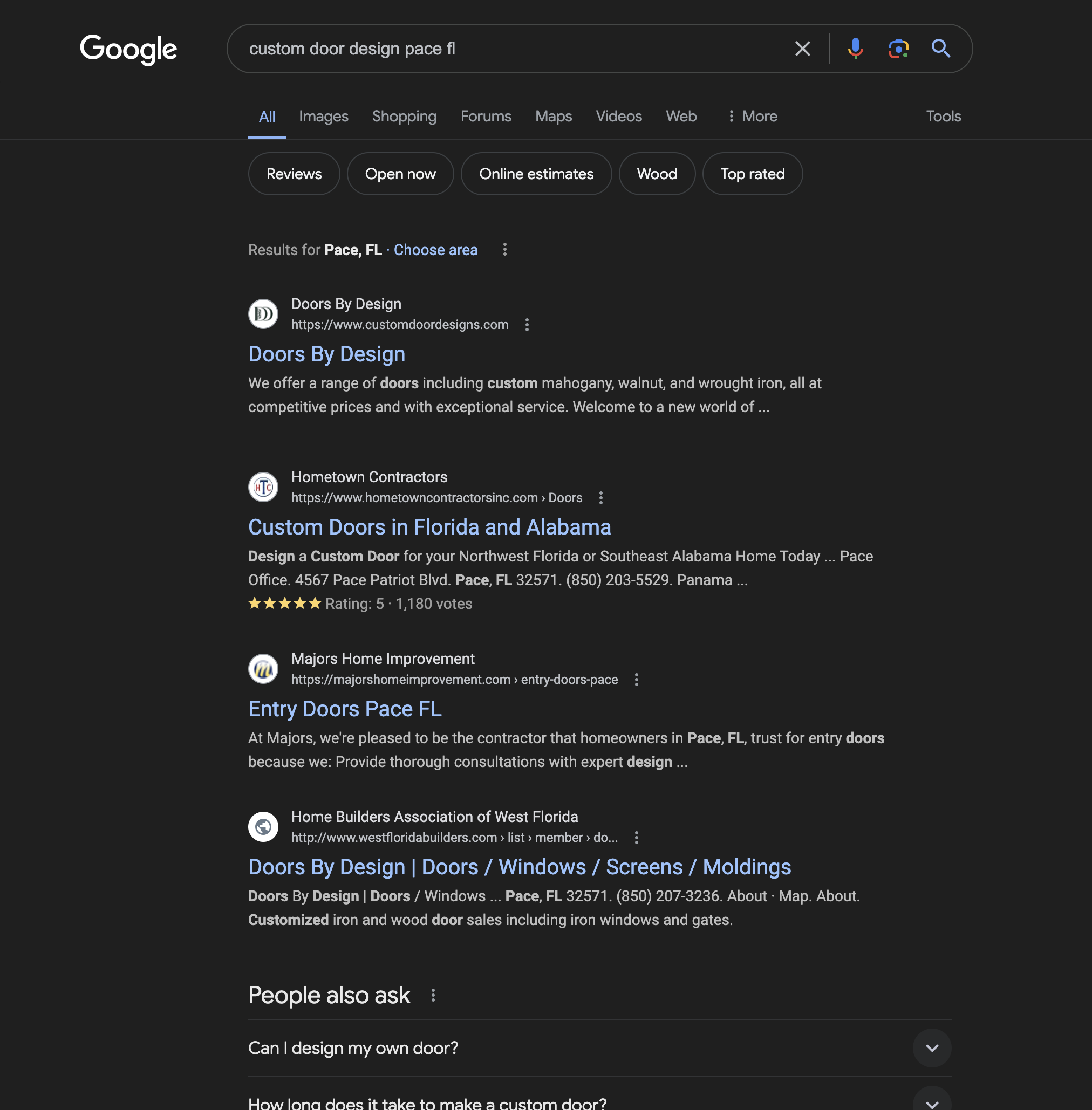 Screenshot of Google search results for 'custom door design Pace FL', showing listings from Doors By Design, Hometown Contractors, Majors Home Improvement, and Home Builders Association of West Florida. Includes related search suggestions and location-specific results.