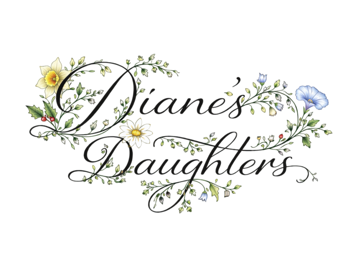 Elegant floral design with the text "Dianes Daughters" in cursive script, decorated with colorful flowers and green leaves.