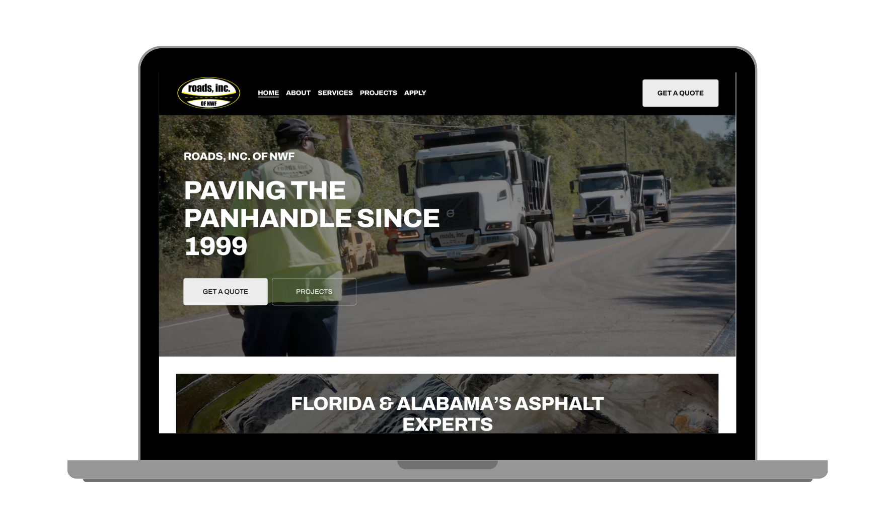 Screenshot of a construction company's website titled 'Roads, Inc. of NWF'. The homepage features a worker in a high-visibility vest and hard hat, standing on a road with trucks in the background. The text on the screen reads 'Paving the Panhandle Since 1999' and has buttons labeled 'Get a Quote' and 'Projects'.