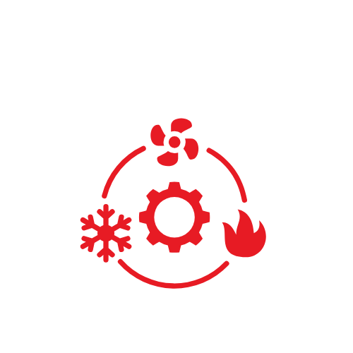 Icons representing heating, ventilation, air conditioning, and fire in red on a black background.