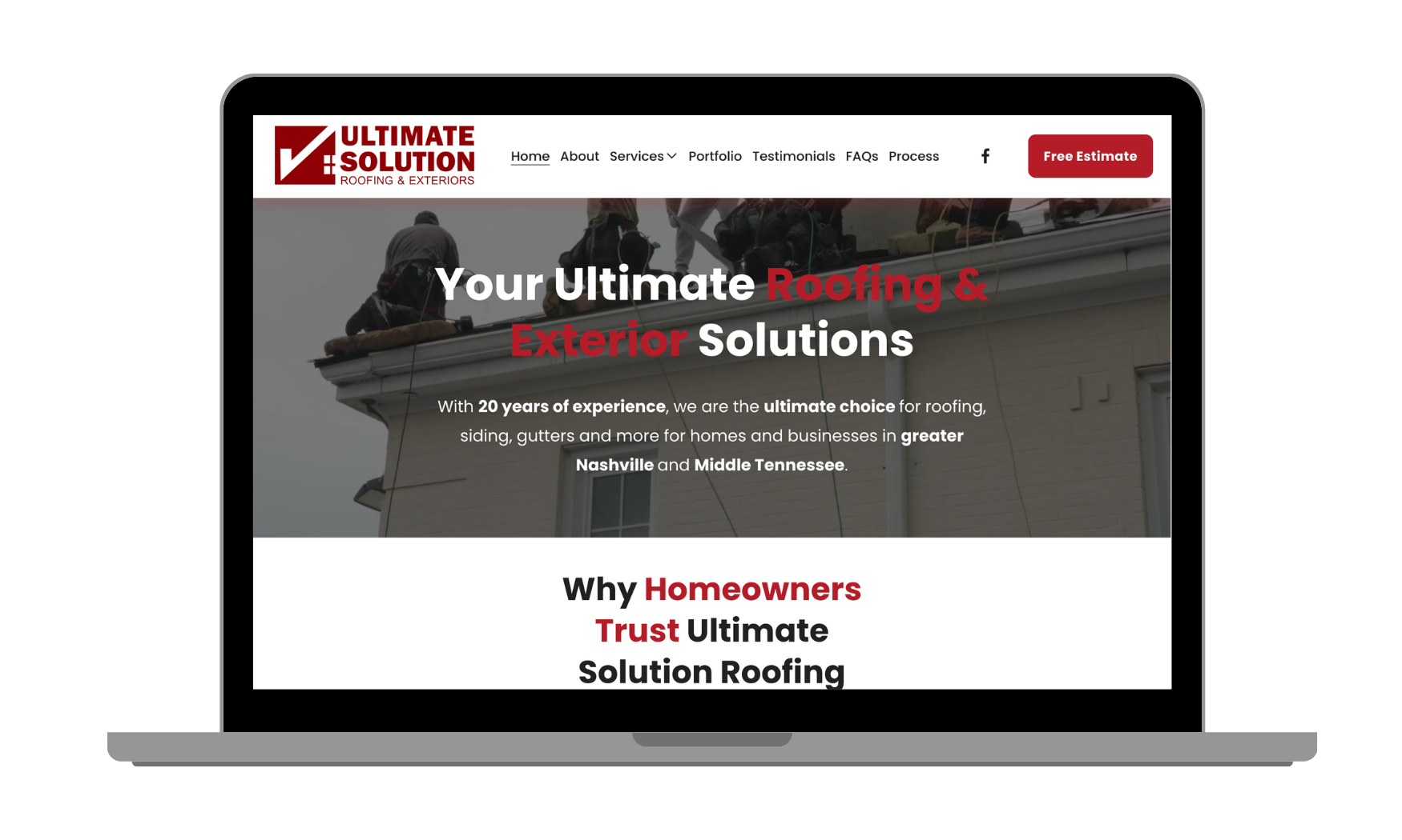 A laptop displaying a roofing company's website with a header logo, navigation menu, and a background image of workers on a roof. The website promotes roofing and exterior solutions with information about experience, locations, and services.