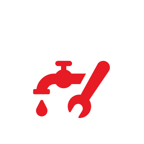 Red water faucet with a drop of water and a wrench on a black background.