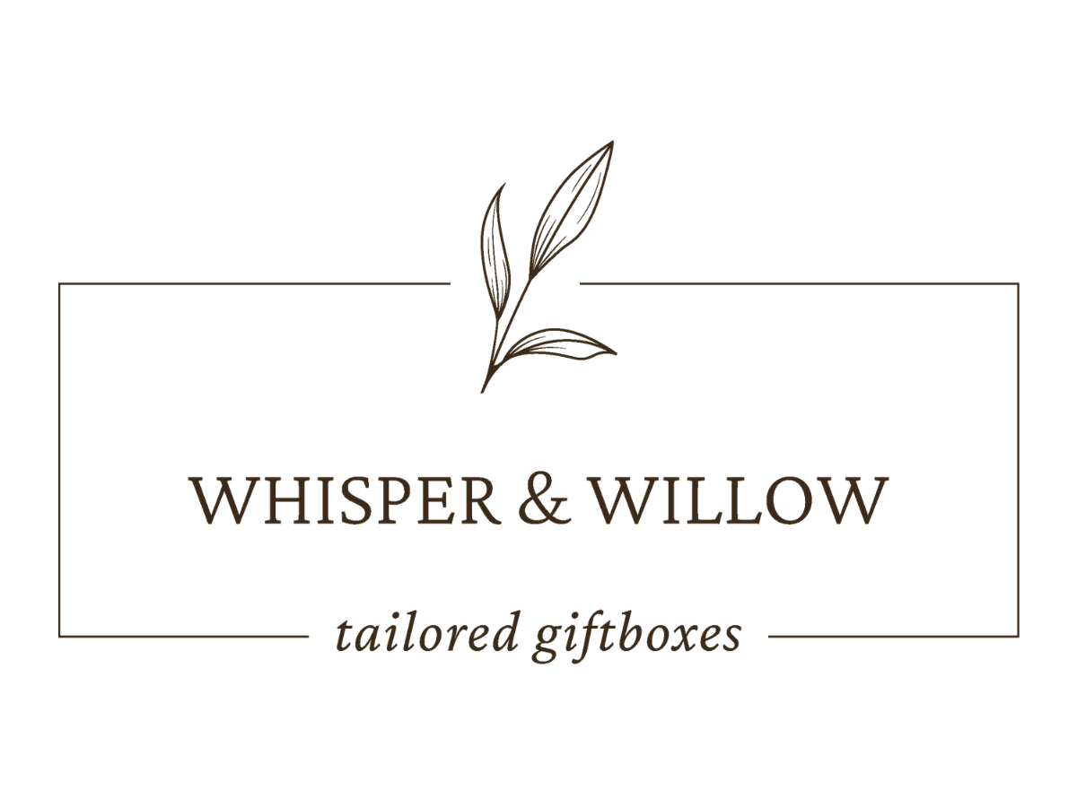 Logo for Whisper & Willow, a business that makes tailored giftboxes, with a minimalist design featuring a line drawing of a willow branch.