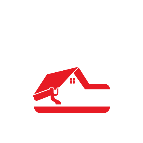 Red and black logo of a house with a roof, chimney, and a window, incorporated with an axe or hammer.