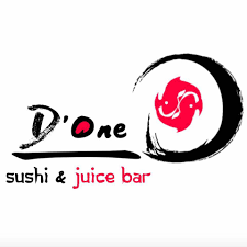 Logo of a sushi and juice bar named 'D-One', featuring a stylized red fish inside a black circular brushstroke.