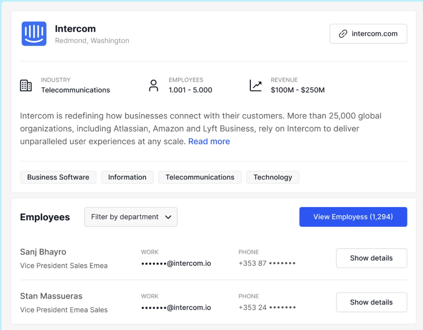 a screenshot of the interface of BookYourData.io, showcasing account prospecting criteria, as well as Enrich Data options