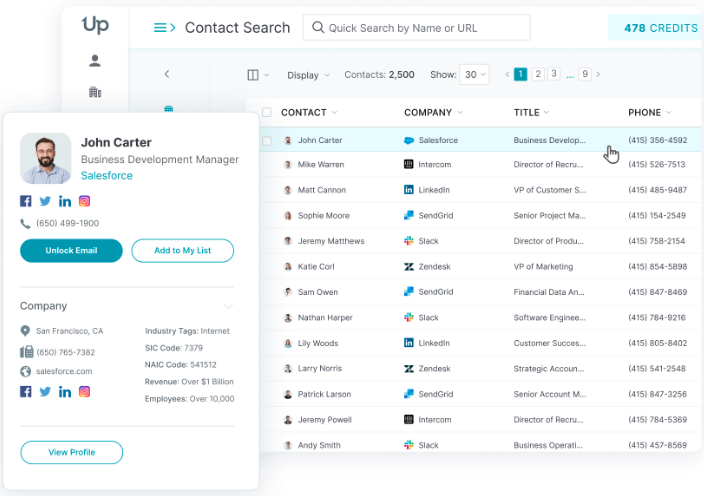 A screenshot of the interface of UpLead, showcasing their search and filtering options for leads, as well as a highlight of a lead's profile