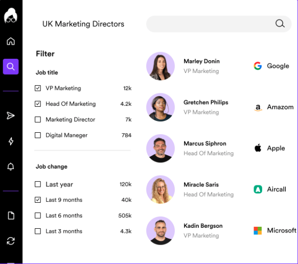 a screenshot of Lusha's interface, showcasing UK marketing Directors and the filtering options