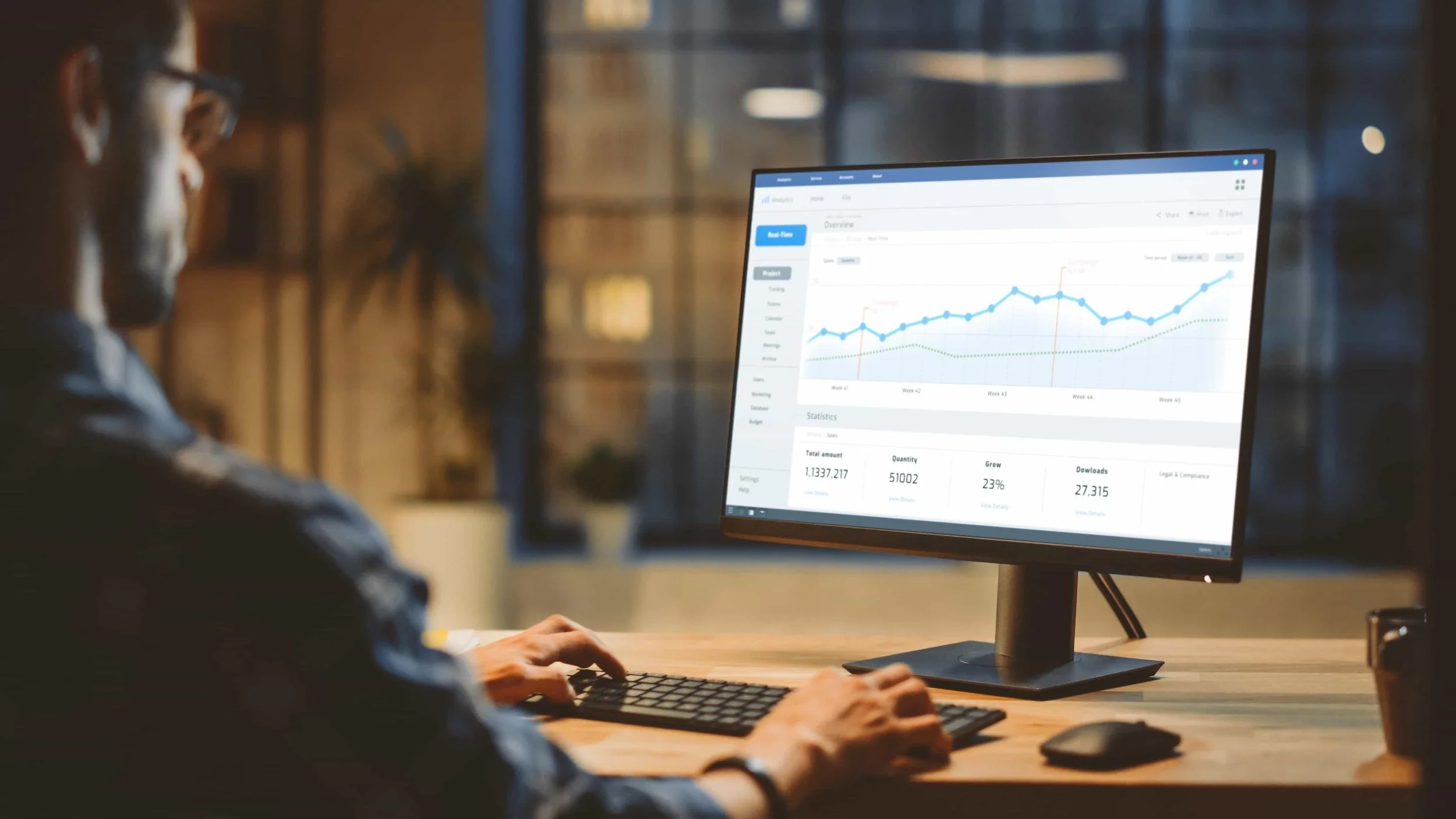 a senior sales person looking over a dashboard to review performance