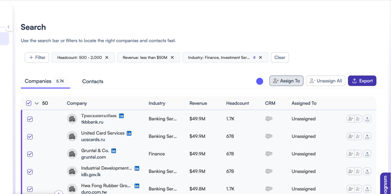 A screenshot of Cognism's interface, showcasing their search and filtering options