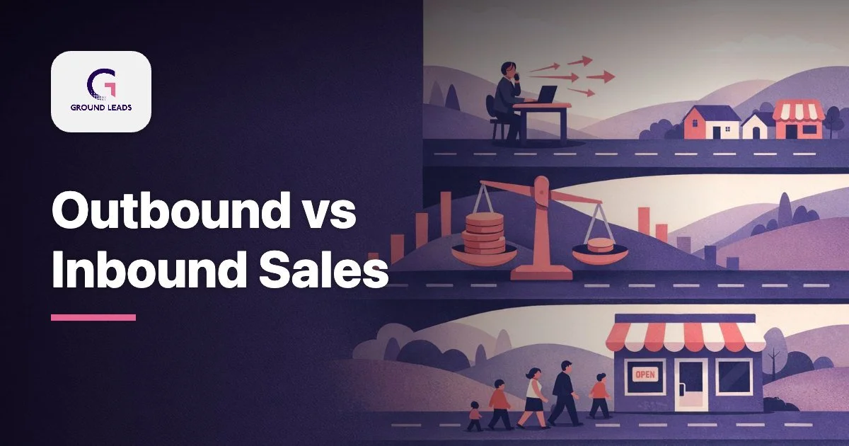 Flat illustrated scene of two parallel roads showing a salesperson reaching outward and customers walking toward a storefront, with coins and balance shapes between them.