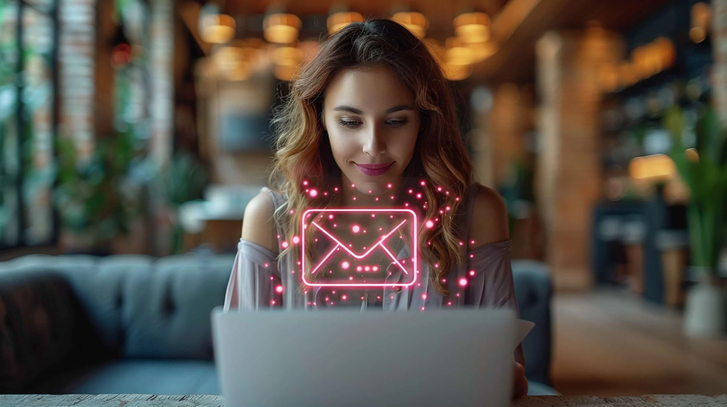 An email deliverability consultant sitting at her laptop smiling, while a graphic of an email appears above the laptop