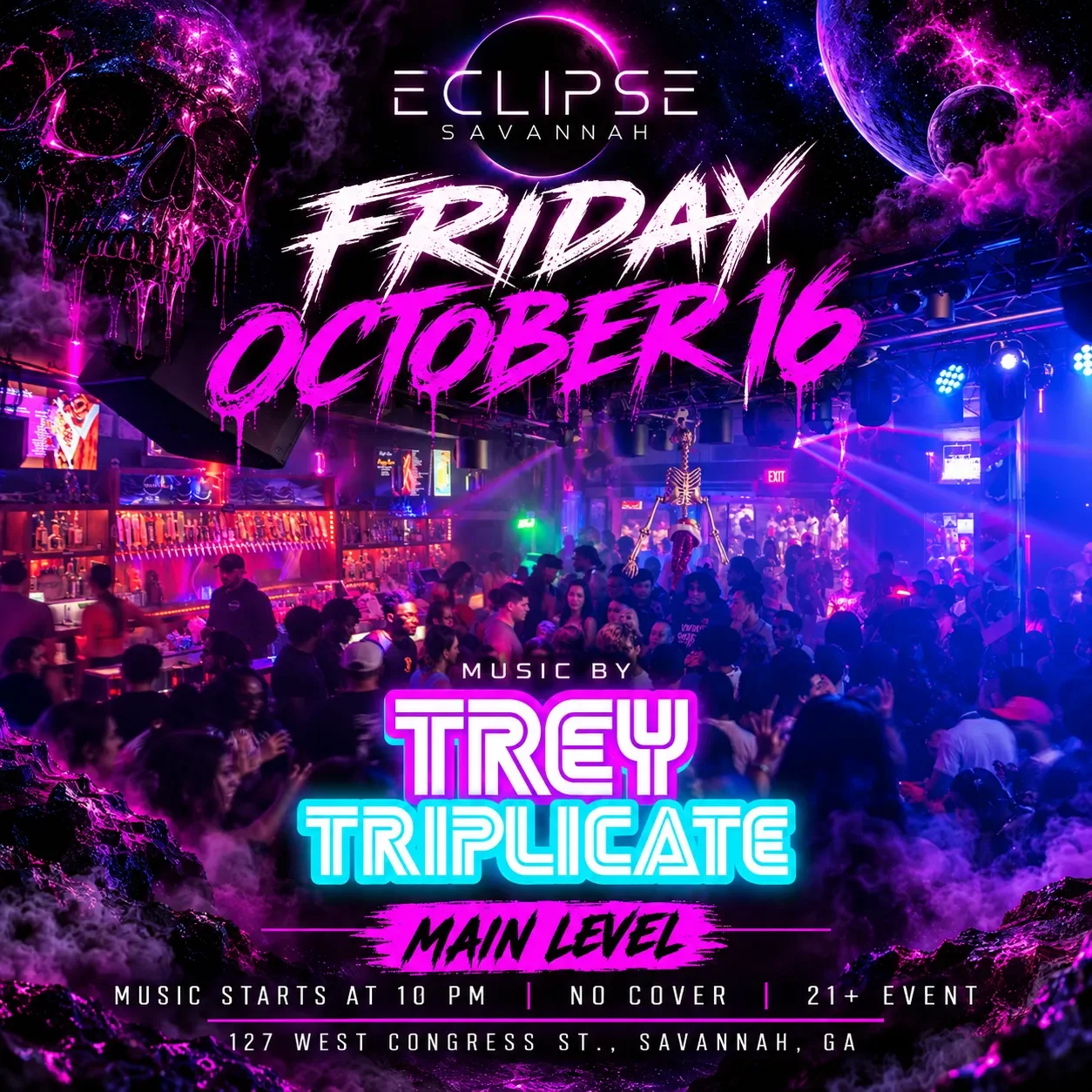 flyer for Eclipse Savannah for friday october 16 2026 with a magenta, white and cyan color aesthetic. Flyer highlights a headline performance from Trey Triplicate starting at 10pm and going until 3 am