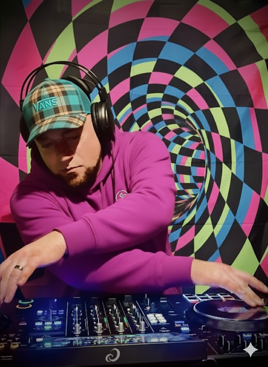 Trey Triplicate in magenta hoodie, does scratch routine in front of neon vortex background