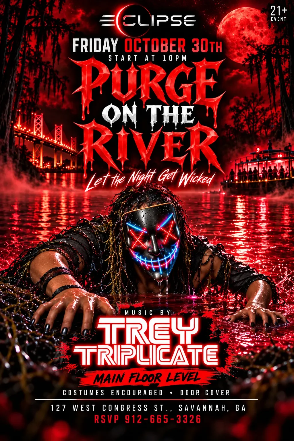 a red and black colored flyer using purge style art advertising a headlining dj appearance for 10/30/26 at Eclipse Savannah nightclub. flyer states there is a door cover, costumes are encouraged, and rsvp and table service can be attained by calling