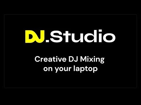 Black background with yellow and white text that reads 'DJ.Studio' and 'Creative DJ Mixing on your laptop'.