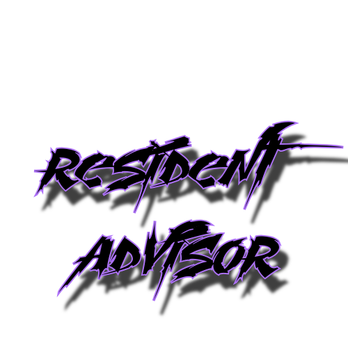 Text that reads 'Resident Advisor' in a stylized, jagged purple font on a black background.