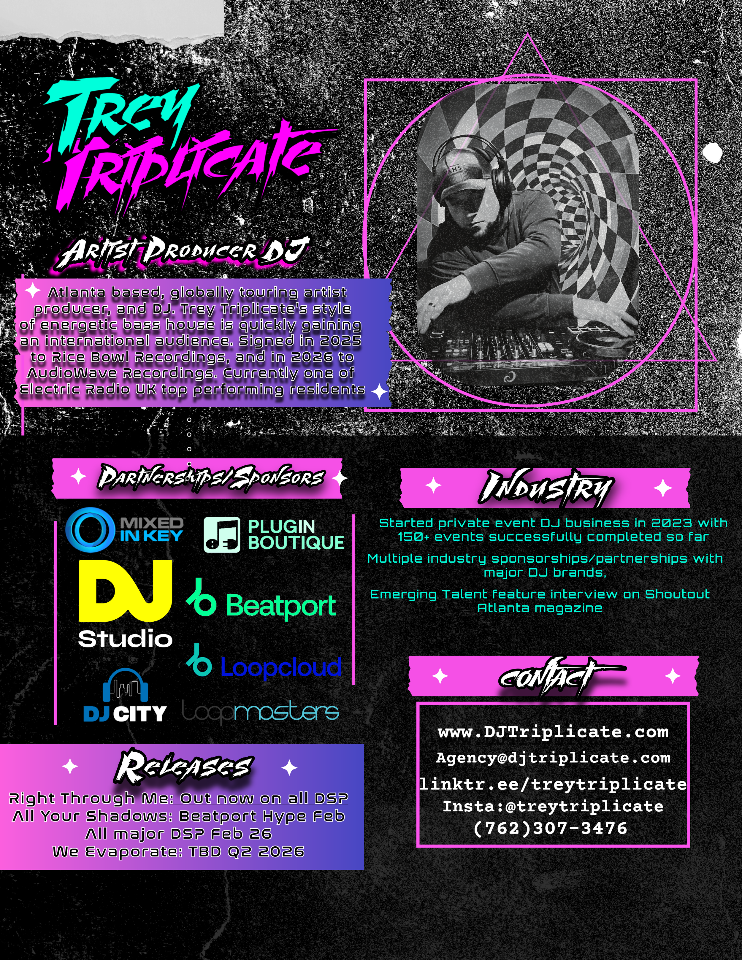Event poster for DJ Trey Triplicate featuring his bio, sponsors, industry info, contact details, and upcoming releases. The poster has a black background with vibrant pink, purple, yellow, blue, and white text and graphics, including a black-and-white photo of the DJ with hypnotic geometric background.