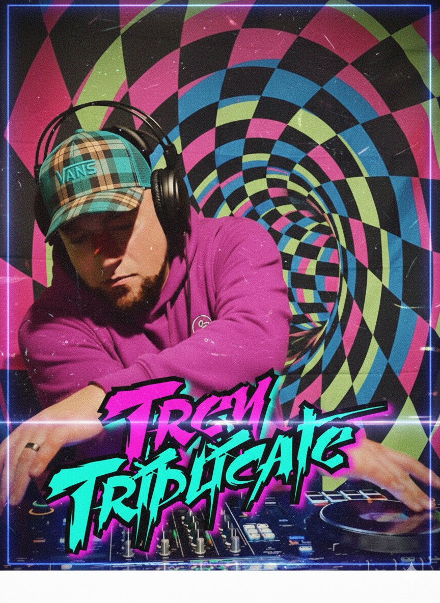 Person wearing a plaid cap and headphones DJing with colorful geometric spiral background and graffiti style text that reads 'Traci Trapalace'.