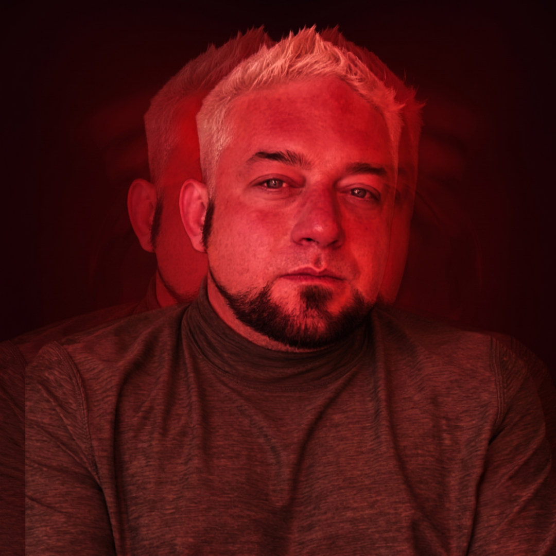 Producer, DJ, and Artist Trey Triplicate, appearing in a press photo in a dark-colored shirt, with a red and black background, and a red overlay effect. He made it himself in adobe express, so kudos to him