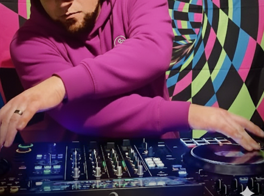 World Famous DJ and Producer Trey Triplicate wearing a magenta hoodie using DJ equipment with colorful, geometric-patterned background.