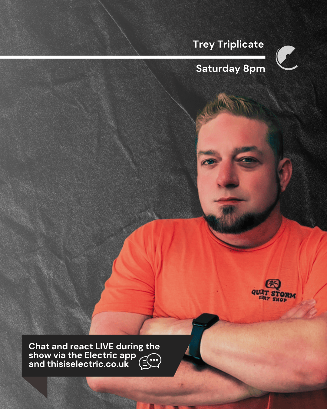 Promotional poster for a live event with musician Trey Triplicate, scheduled for Saturday at 8 pm, featuring a photo of Trey Triplicate wearing an orange shirt with crossed arms, set against a dark textured background.