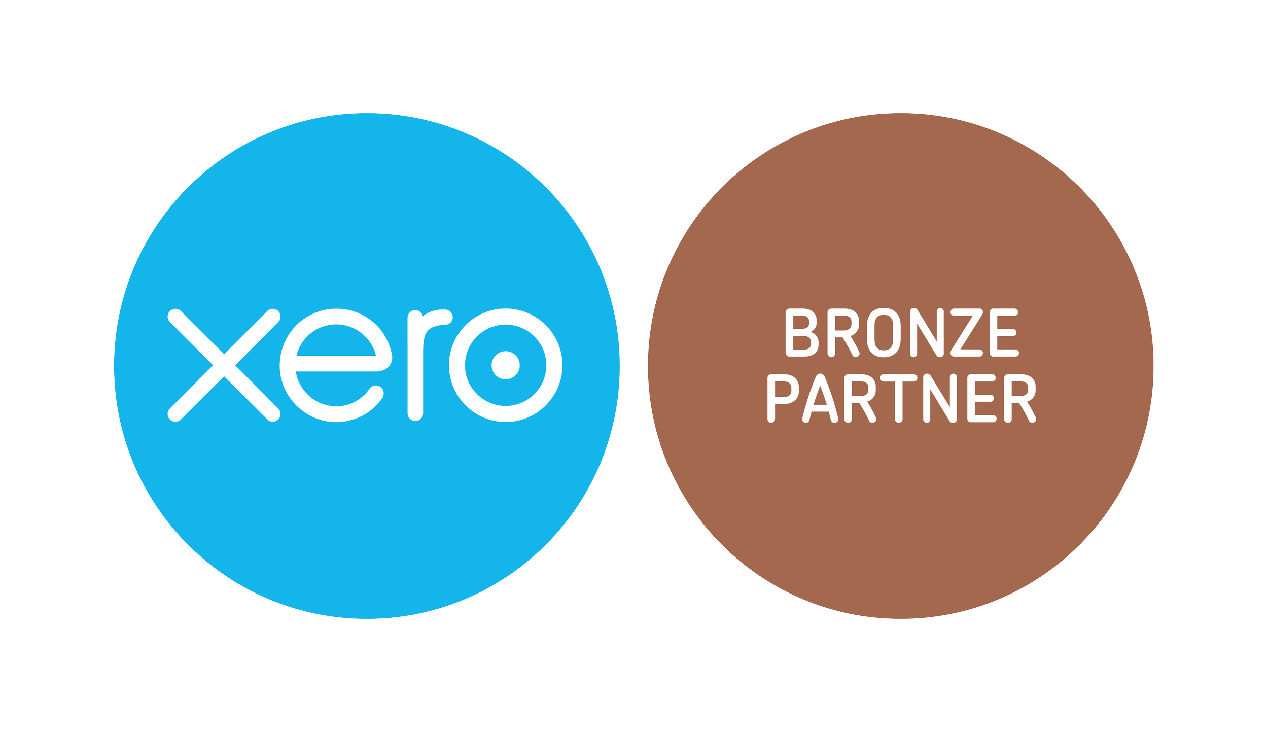 Xero logo in white on a background of a light blue circle, next to the "Bronze Partner" logo in white on a background of a bronze circle