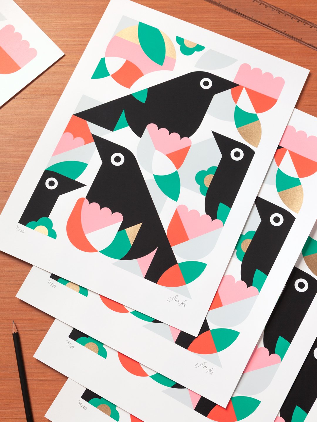 Multiple prints of "Four Blackbirds" by artist Jim Fox
