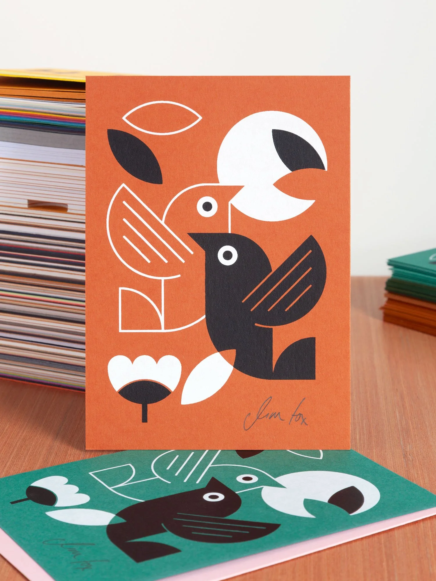 Postcard screenprint of two birds by artist Jim Fox