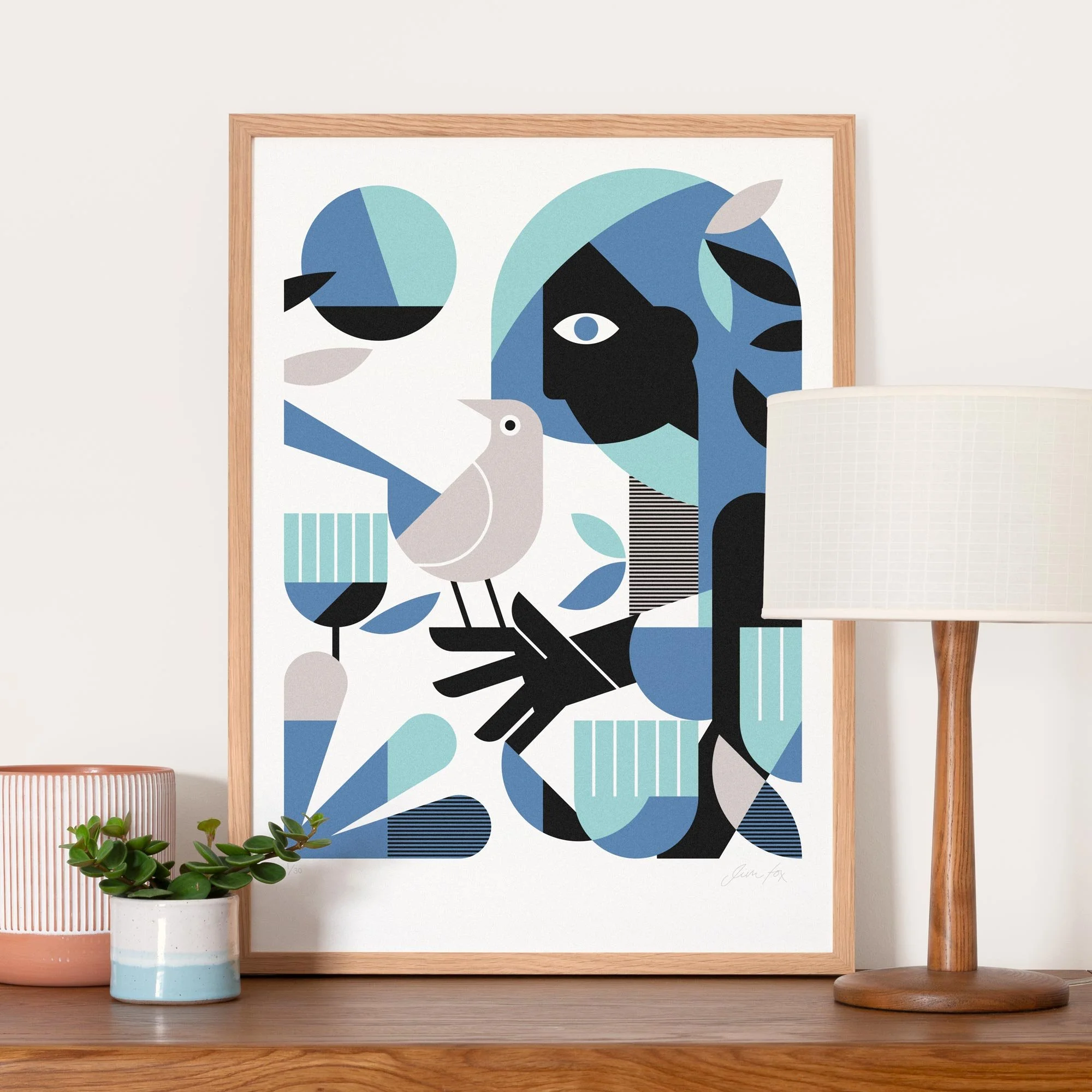 Screen print of Woman With Dove by artist Jim Fox