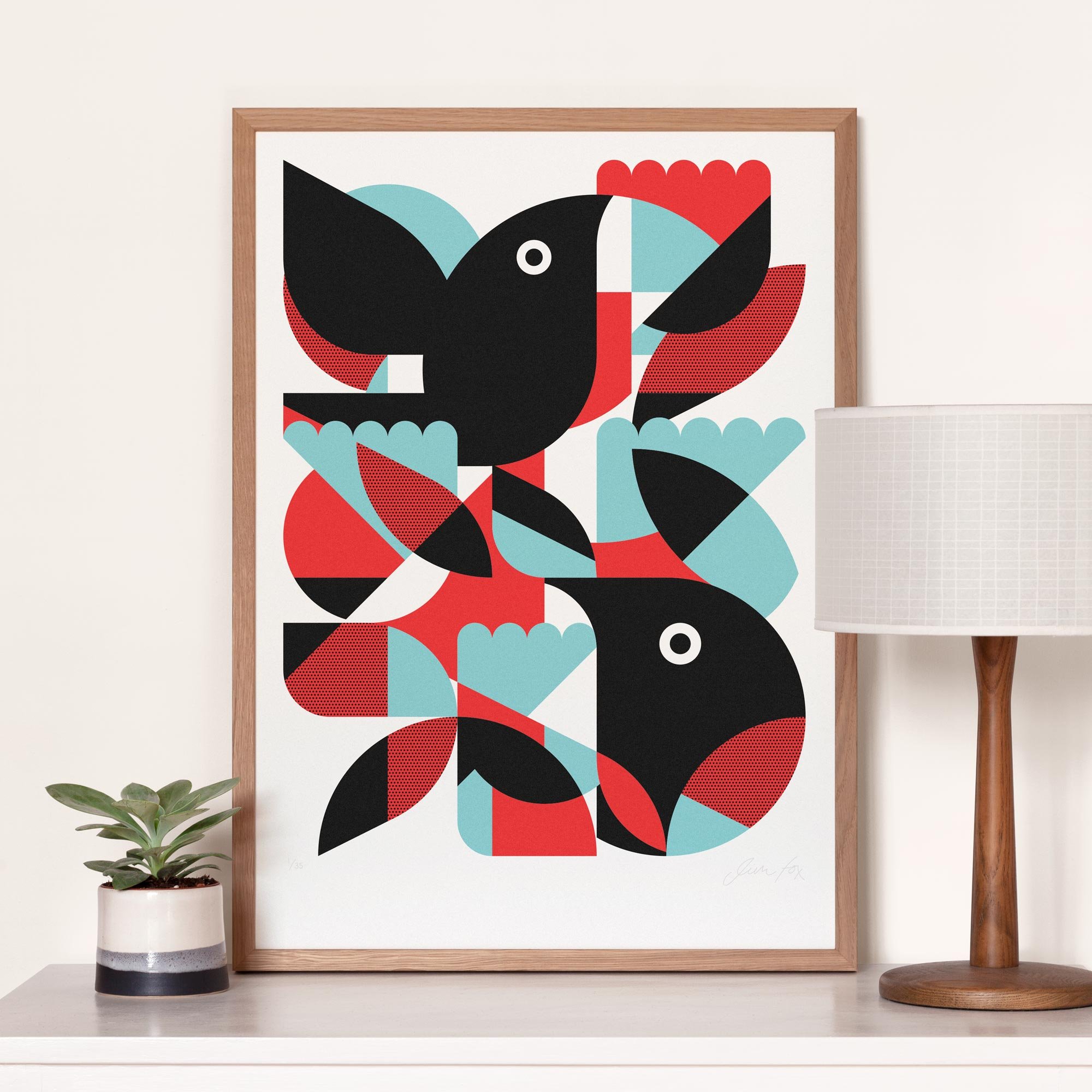 Limited edition screen-print of Two Blackbirds by artist Jim Fox