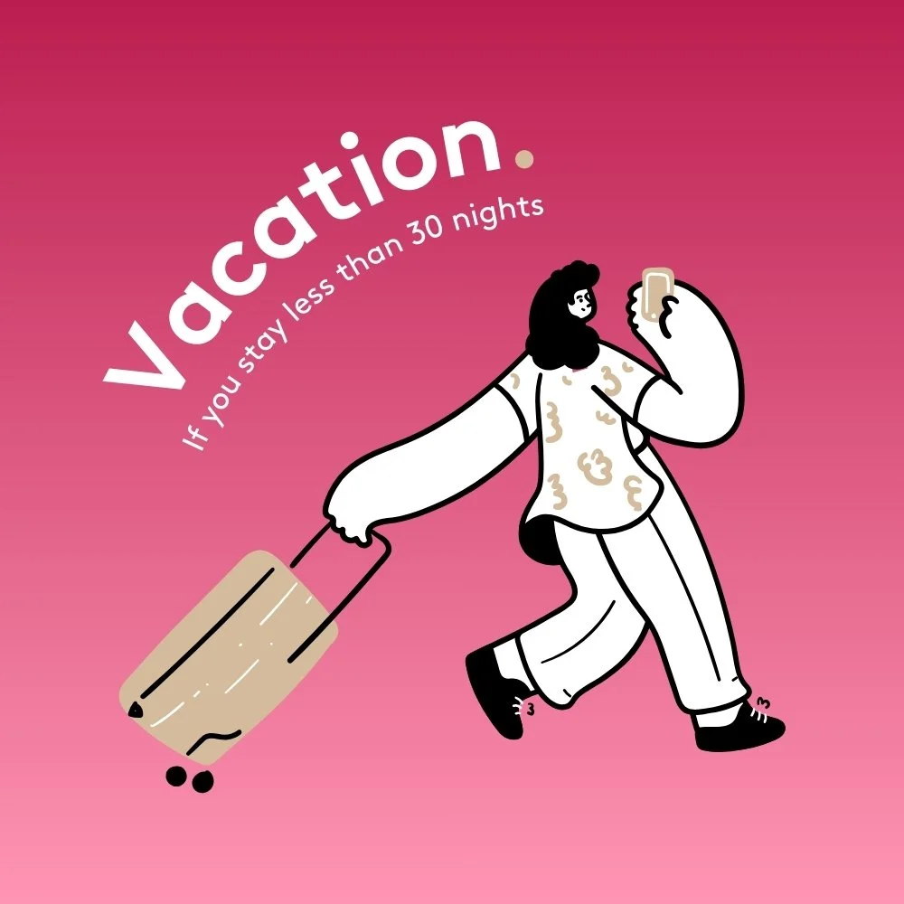 Illustration of a woman walking with a suitcase while looking at her phone. The background is pink, and there is text that reads, "vacation. If you stay less than 30 nights."