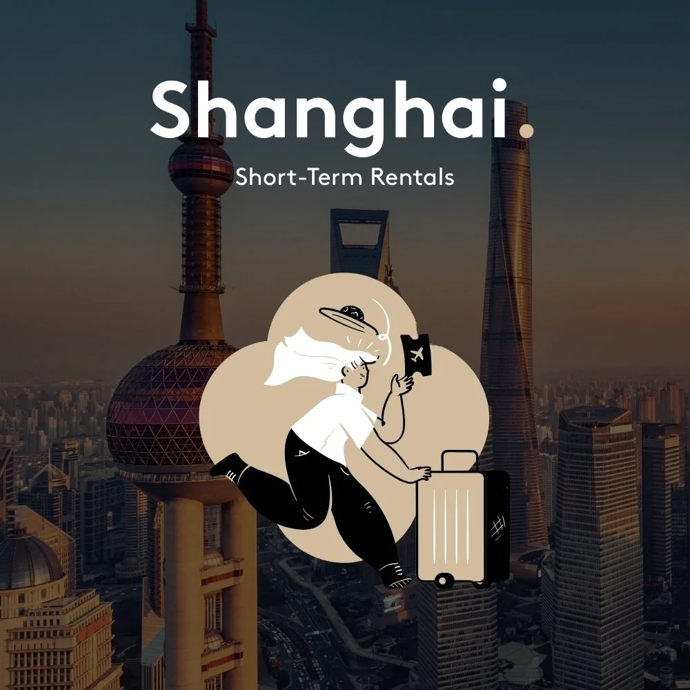 Graphic advertisement for short-term rentals in Shanghai featuring a city skyline with the Oriental Pearl Tower and Shanghai Tower, and an illustrated woman with long hair, holding a suitcase and a phone, with the text 'Shanghai. Short-Term Rentals'.