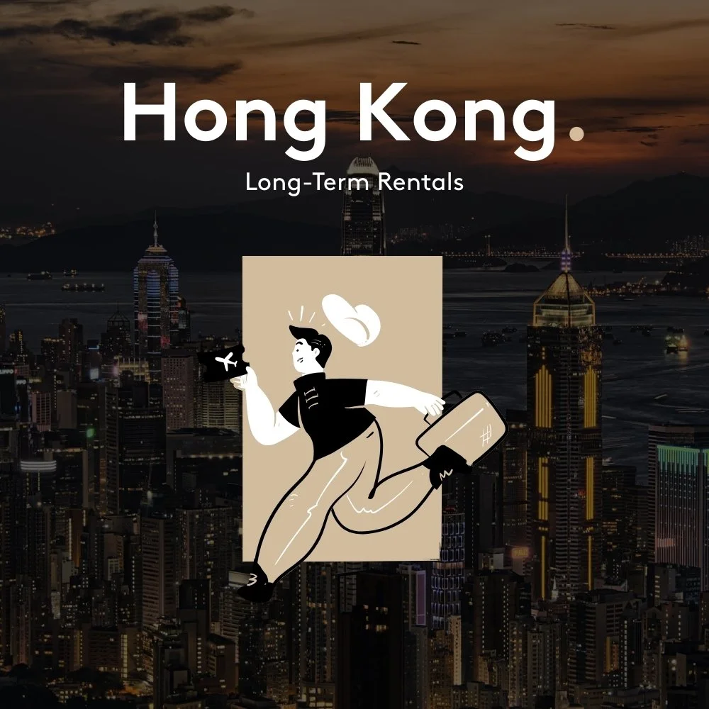 Nighttime aerial view of Hong Kong skyline with tall skyscrapers and harbor, overlaid with a cartoon illustration of a person running with a suitcase, holding a coffee cup, and a hat floating above.